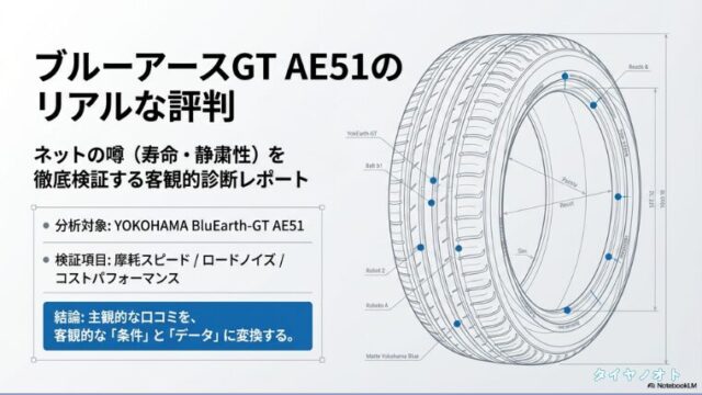 ブルーアースGT AE51のリアルな評判 。ネットの噂である寿命や静粛性を徹底検証する客観的診断レポートの表紙画像 。