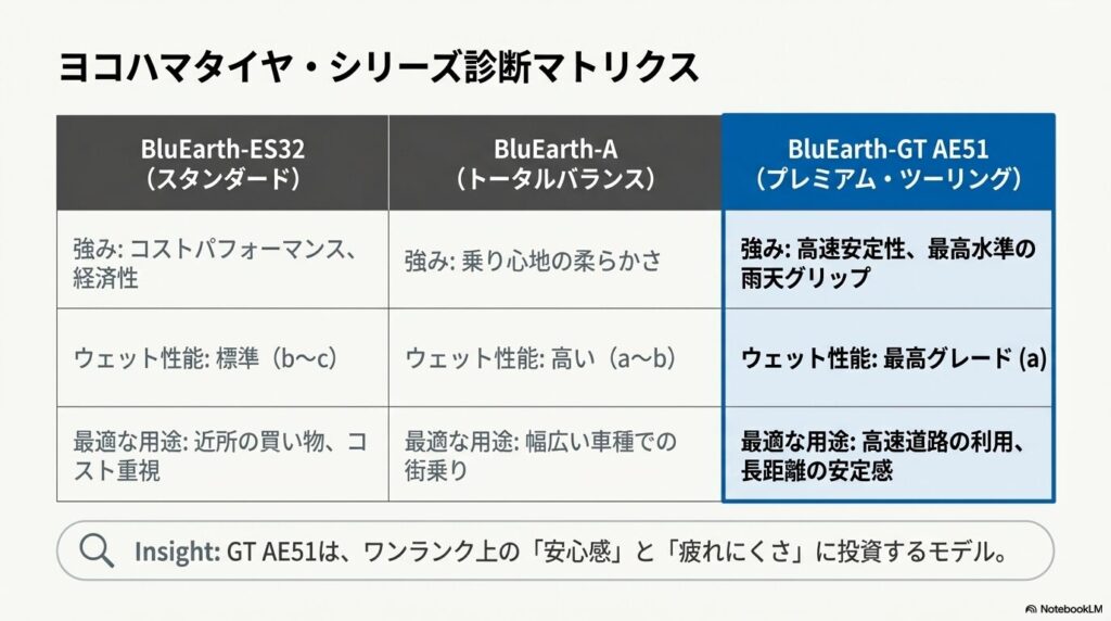 ヨコハマタイヤのシリーズ診断マトリクス 。ブルーアースES32、ブルーアースA、ブルーアースGT AE51の強みやウェット性能、最適な用途を比較した一覧表 。