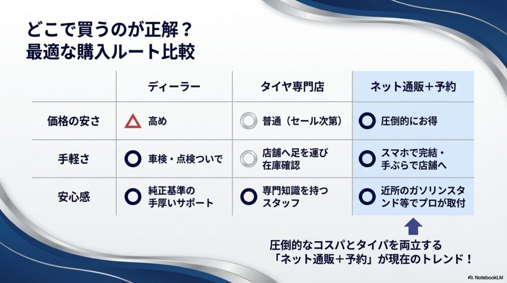 どこで買うのが正解? 最適な購入ルート比較 ディーラー、タイヤ専門店、ネット通販+予約の比較表