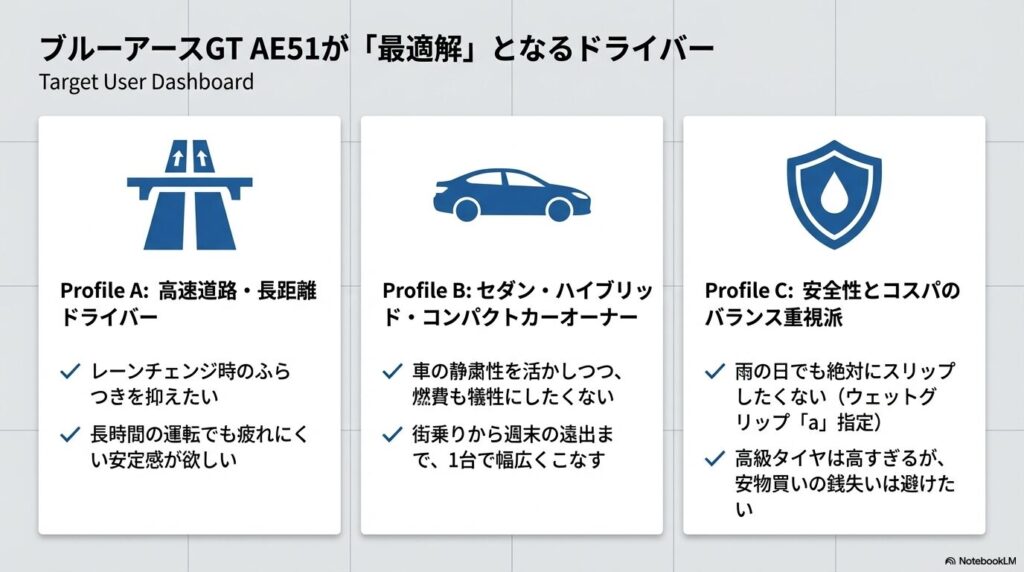 ブルーアースGT AE51が最適解となるドライバーのターゲット層 。高速道路・長距離ドライバー 、セダン・ハイブリッド・コンパクトカーオーナー 、安全性とコスパのバランス重視派  の3つのプロファイル。