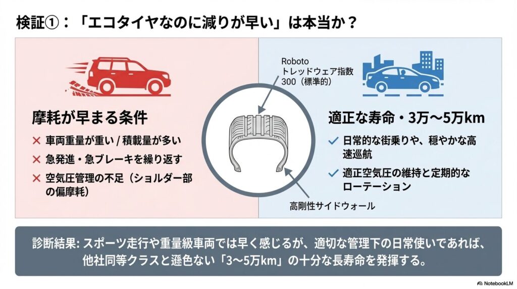 エコタイヤなのに減りが早いという噂の検証結果 。適切な管理下の日常使いであれば適正な寿命である3万〜5万kmを発揮するという診断結果の図解 。