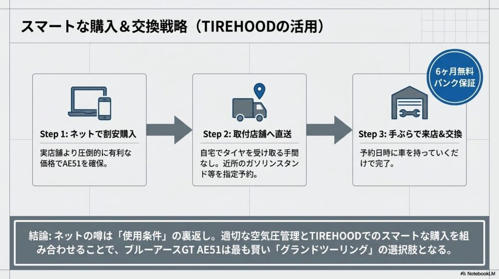 TIREHOODを活用したスマートな購入と交換戦略の流れ 。ネットで割安購入 、取付店舗へ直送 、手ぶらで来店＆交換  の3ステップを解説した図解。