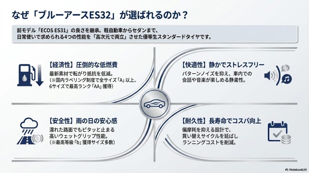 なぜ「ブルーアースES32」が選ばれるのか? 日常使いで求められる4つの性能を「高次元で両立」させた優等生スタンダードタイヤです。