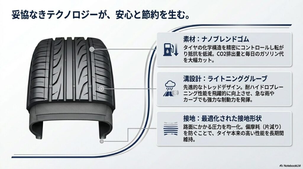 妥協なきテクノロジーが、安心と節約を生む。ナノブレンドゴム、ライトニンググルーブ、最適化された接地形状について