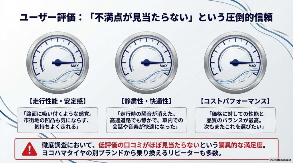 ユーザー評価:「不満点が見当たらない」という圧倒的信頼 走行性能・安定感、静粛性・快適性、コストパフォーマンスの声