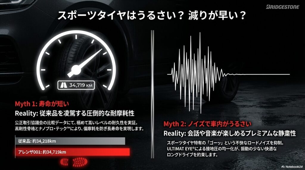 アレンザ001の長寿命（約34,719km）とロードノイズを抑えたプレミアムな静粛性を実証するデータ
