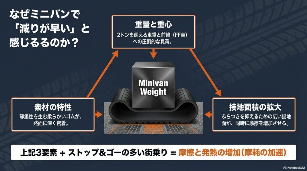 車重や柔らかいゴムなどの3要素とストップ＆ゴーの多い街乗りが摩擦と発熱を増加させ摩耗を加速させる図解