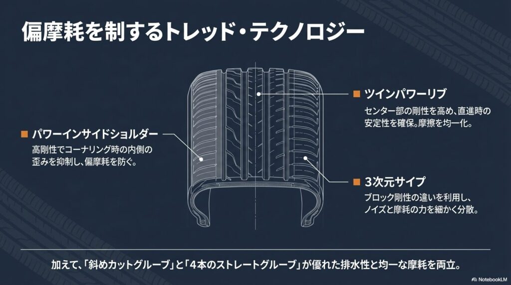 パワーインサイドショルダーや3次元サイプなど偏摩耗を制するトレッド・テクノロジーの解説