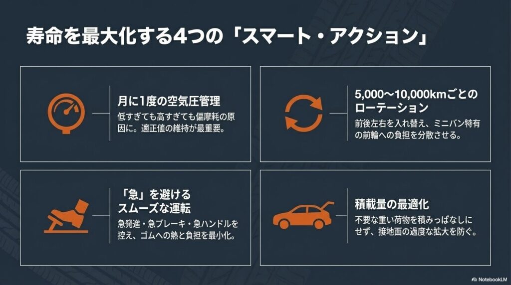 月に1度の空気圧管理やローテーションなどタイヤ寿命を最大化する4つのスマート・アクション