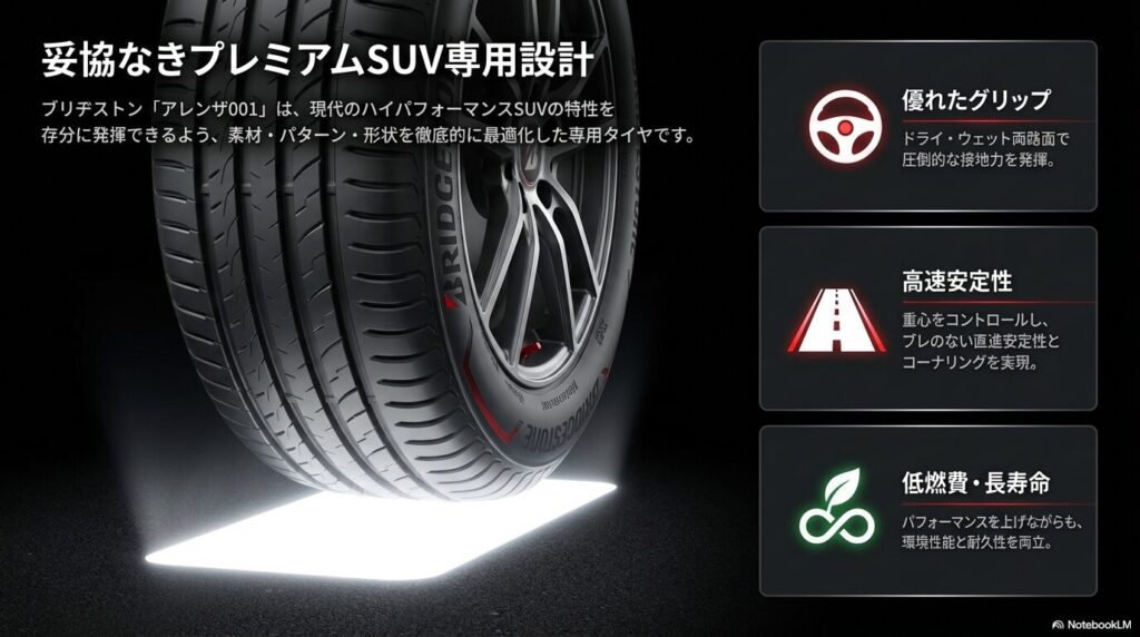 アレンザ001の優れたグリップ、高速安定性、低燃費・長寿命という3つの特徴