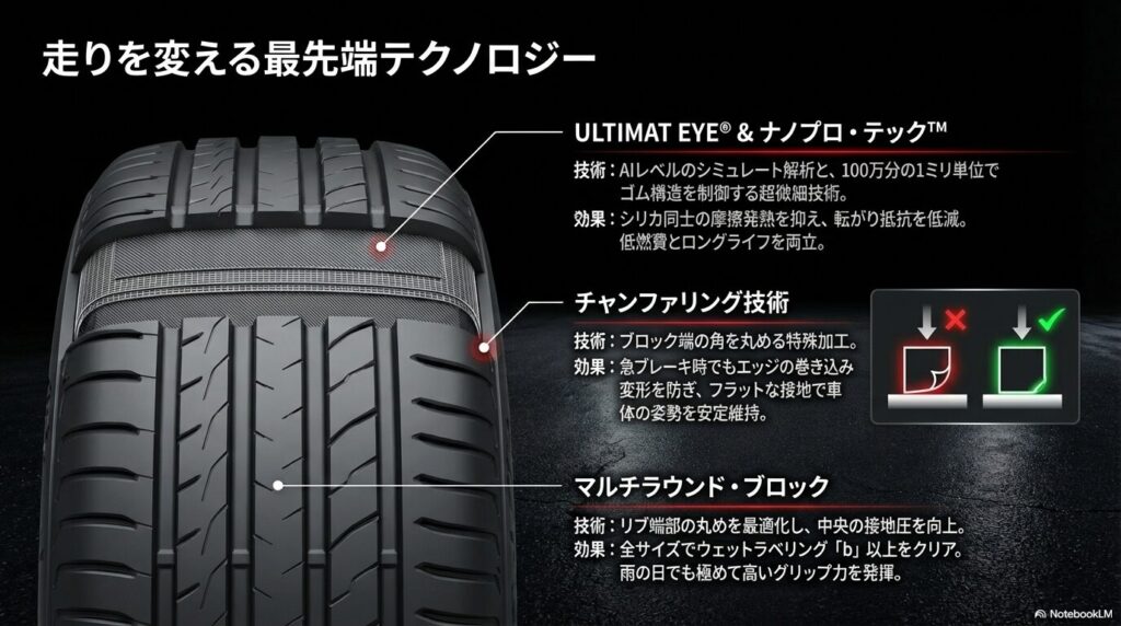 アレンザ001に採用されたULTIMAT EYE、チャンファリング技術、マルチラウンド・ブロック技術の図解