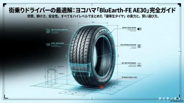 ヨコハマタイヤ「BluEarth-FE AE30」の完全ガイド。静音設計や低燃費コンパウンドなどのタイヤ構造図。