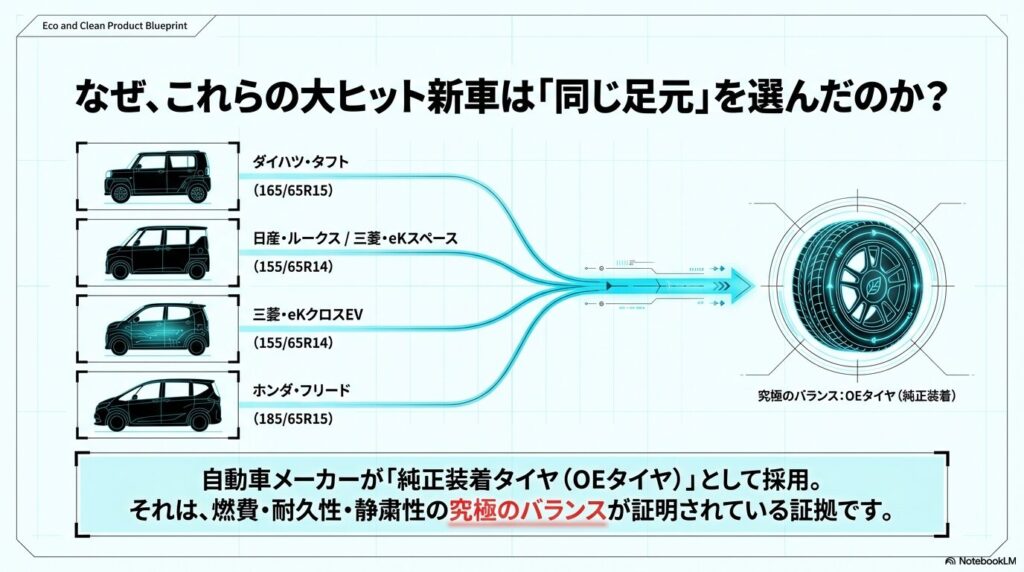 タフト、ルークス、フリードなど、ブルーアースFE AE30が純正タイヤとして採用されている車種一覧。