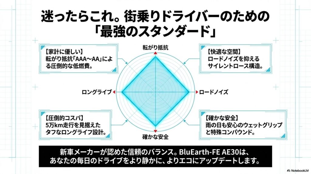 ブルーアースFE AE30の圧倒的な低燃費、静粛性、ロングライフ、確かな安全性をまとめた総合レーダーチャート。