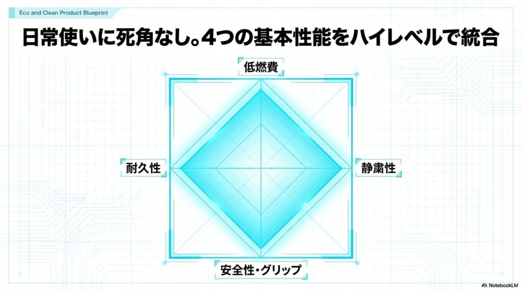 耐久性、低燃費、静粛性、安全性・グリップの4つの性能をハイレベルで統合したレーダーチャート。