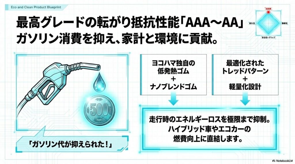 最高グレードの転がり抵抗性能「AAA〜AA」によるガソリン代節約のイメージ図。