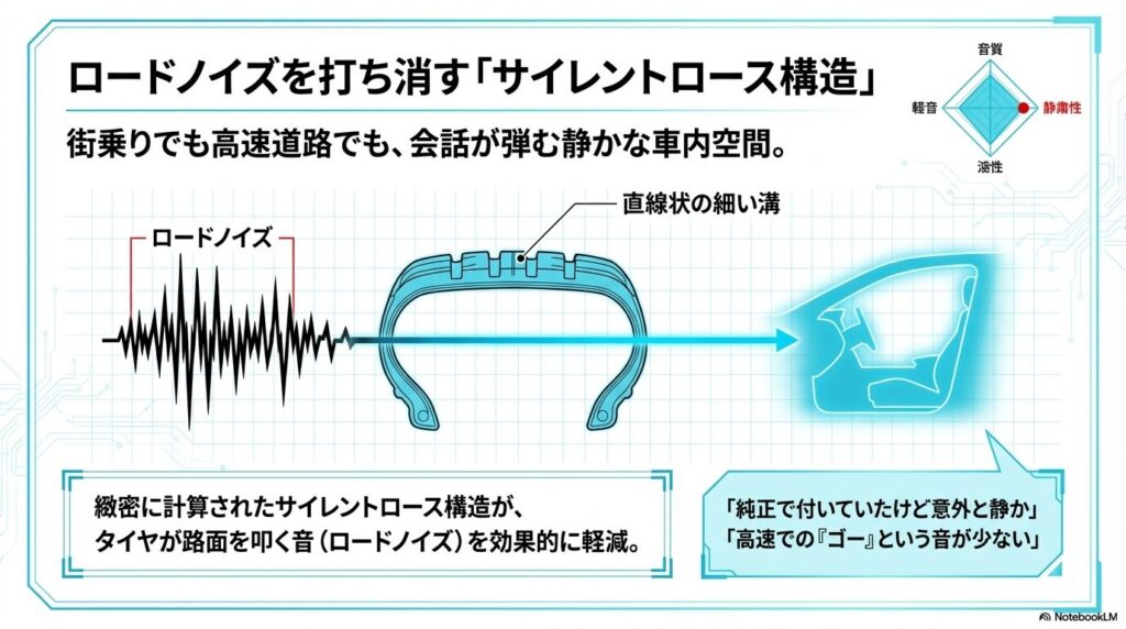 ロードノイズを効果的に打ち消すサイレントロース構造の解説図。