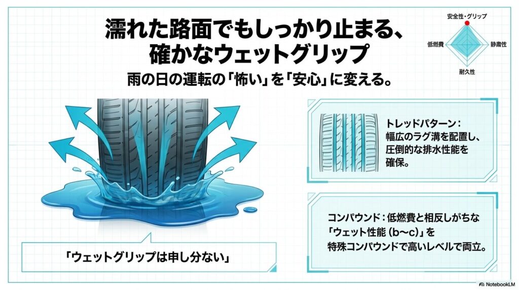 濡れた路面での優れた排水性能とウェットグリップ力を示すイメージイラスト。