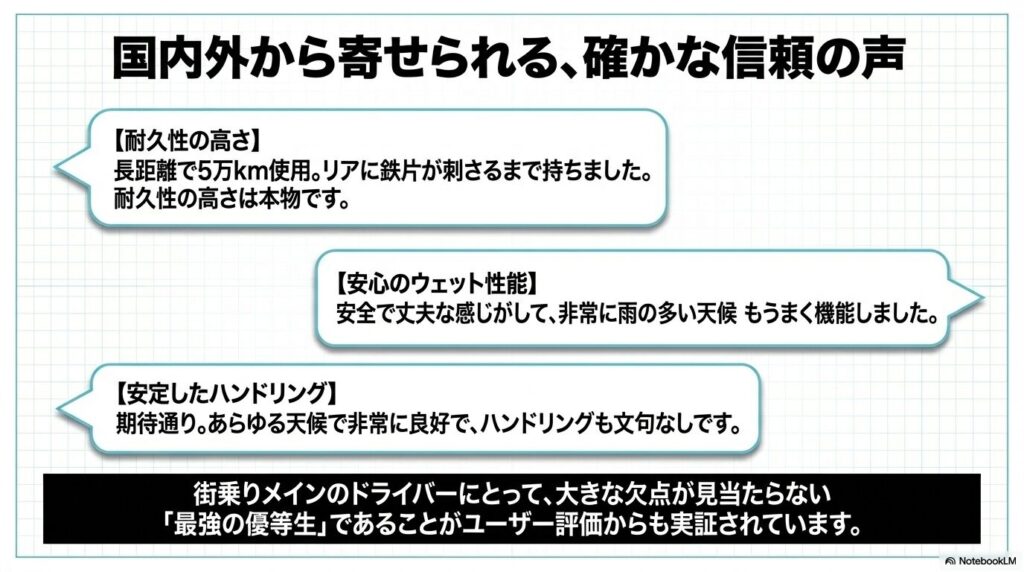 ブルーアースFE AE30に対する耐久性やウェット性能に関する国内外のユーザーの評価や口コミまとめ。
