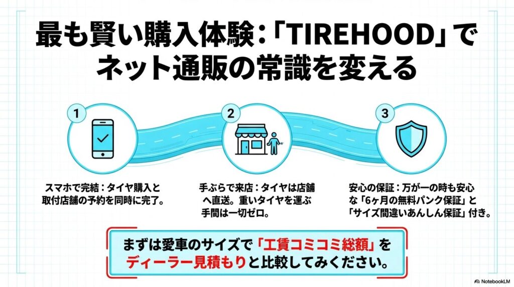 スマホで完結し、手ぶらで来店可能なTIREHOODのスマートなタイヤ購入手順。
