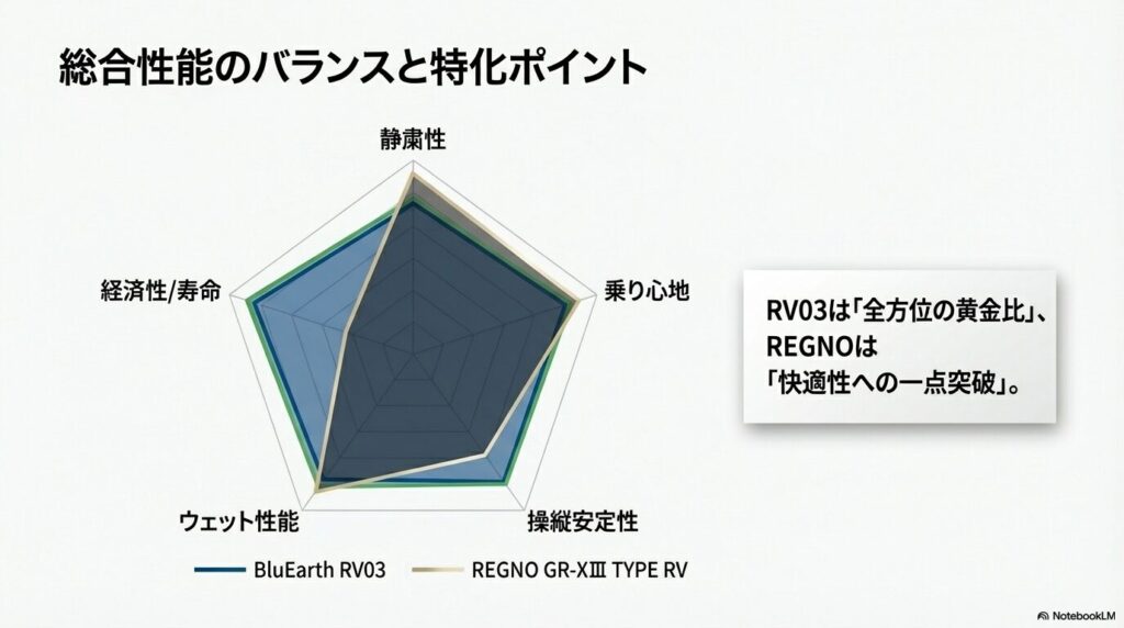 ブルーアースRV03の全方位バランスとレグノGR-XⅢ TYPE RVの快適性特化を示すレーダーチャート