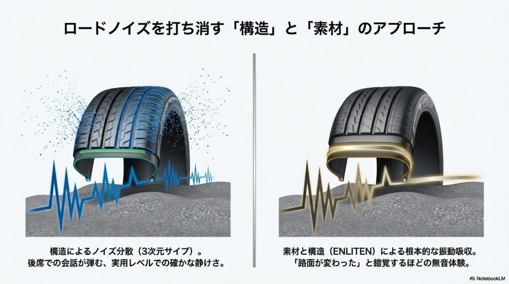 ブルーアースRV03の3次元サイプ構造とレグノGR-XⅢのENLITEN素材によるロードノイズ低減アプローチの比較図