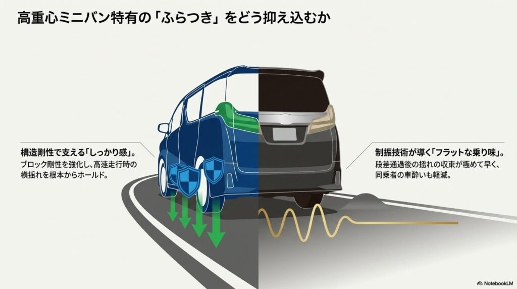 RV03の構造剛性によるしっかり感と、レグノの制振技術によるフラットな乗り味の比較図