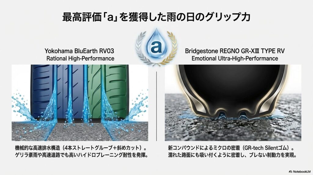 RV03の機械的な高速排水構造とレグノの新コンパウンドによる密着グリップの比較イメージ