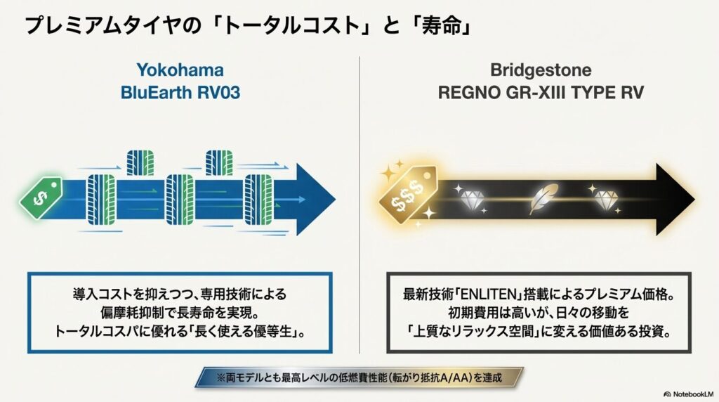 導入コストと長寿命でコスパに優れるRV03と、初期費用は高いが上質な空間を提供するレグノのトータルコスト比較図