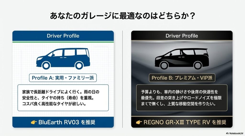ブルーアースRV03を推奨する実用ファミリー派と、レグノGR-XⅢを推奨するプレミアムVIP派のドライバープロファイル比較