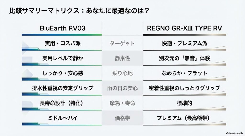 ターゲット、静粛性、乗り心地、雨の日の安心、摩耗・寿命、価格帯をまとめたブルーアースRV03とレグノGR-XⅢの比較一覧表