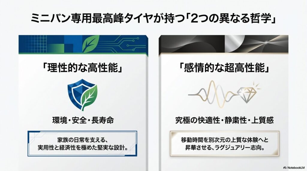 ブルーアースRV03の理性的な高性能（環境・安全・長寿命）と、レグノGR-XⅢの感情的な超高性能（快適性・静粛性・上質感）という2つの異なる哲学のイメージ
