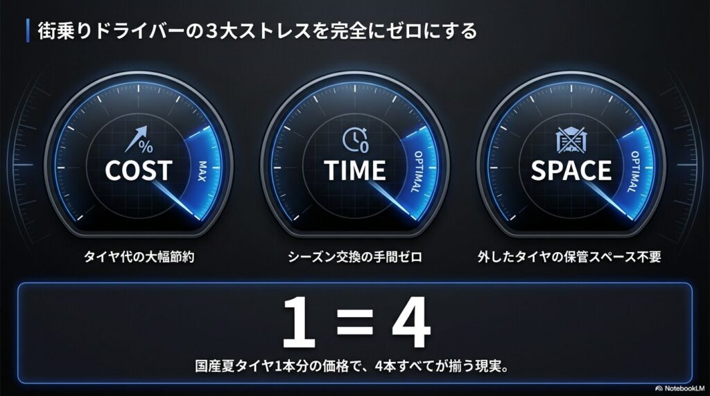 タイヤ代、交換の手間、保管スペースを削減するミネルバ・オールシーズンタイヤのメリットを図解