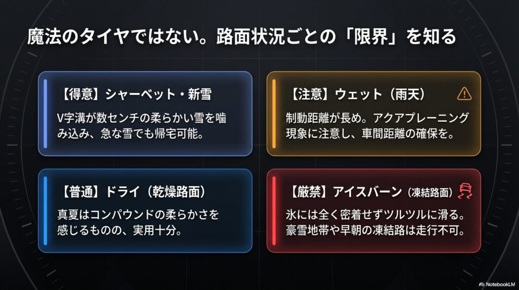 シャーベット雪や新雪は得意だが、アイスバーンは走行不可となるミネルバタイヤの路面別性能一覧