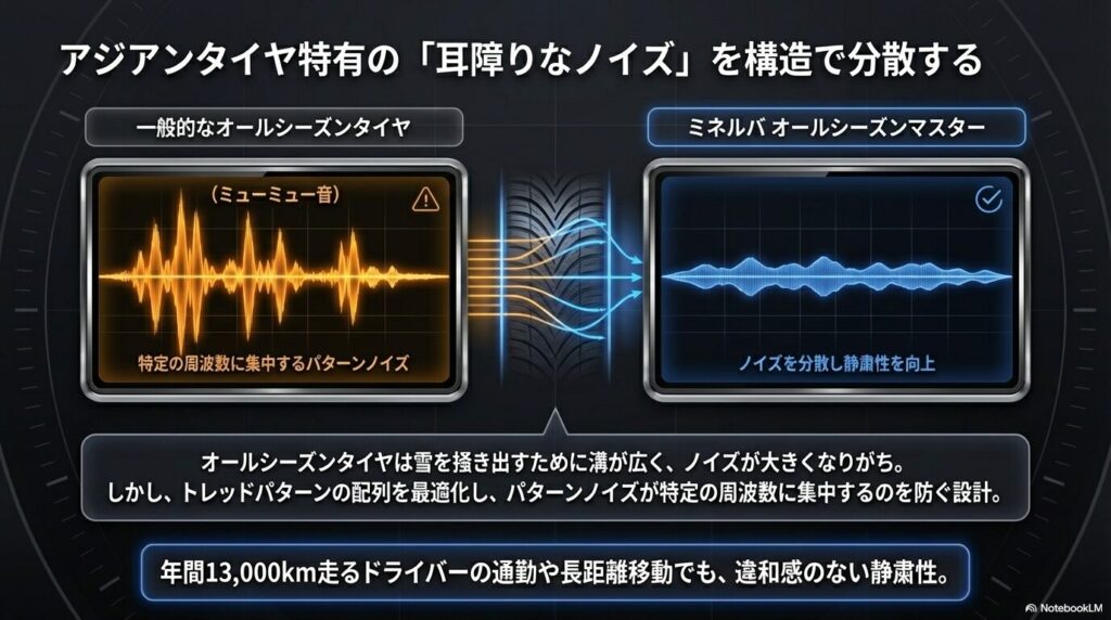 ミネルバ・オールシーズンマスターがパターンノイズを分散させ静粛性を向上させる仕組みの波形データ図
