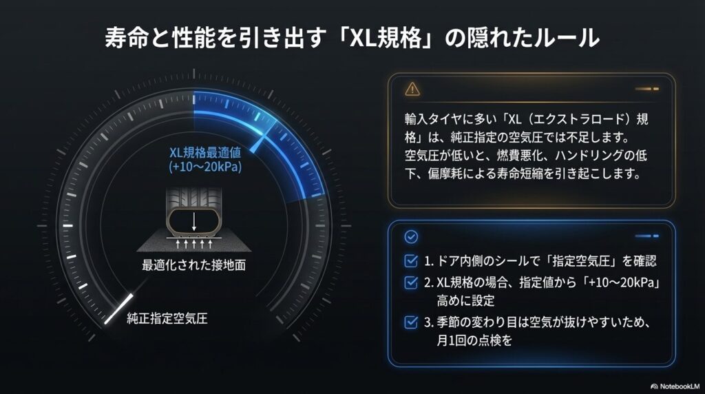 純正指定空気圧からプラス10〜20kPa高めに設定するXL規格タイヤの空気圧管理方法
