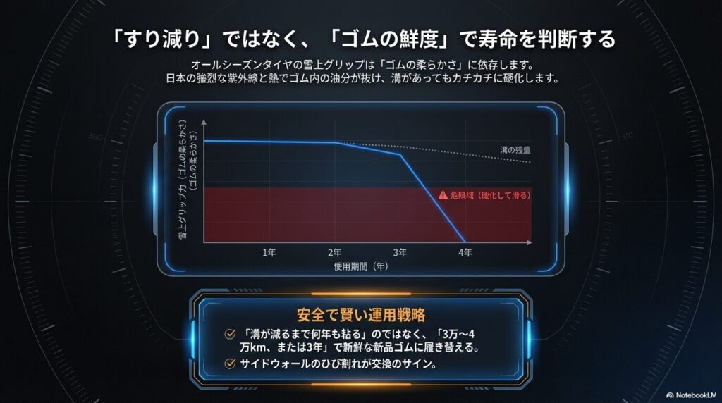 使用期間3〜4年でゴムが硬化し雪上グリップ力が低下するオールシーズンタイヤの寿命推移グラフ