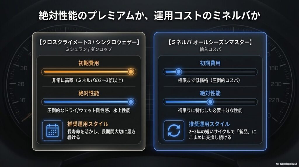 ミシュランのクロスクライメート3やダンロップのシンクロウェザー等のプレミアムタイヤとミネルバの運用コストと性能の比較表