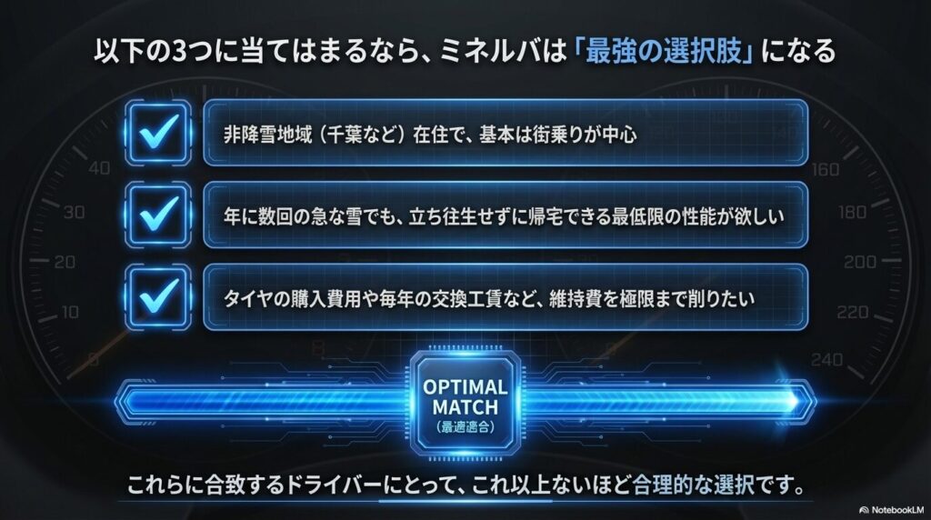 非降雪地域在住、急な雪への備え、維持費削減の3つの条件に合致する人にミネルバが最適であることを示すチェックリスト