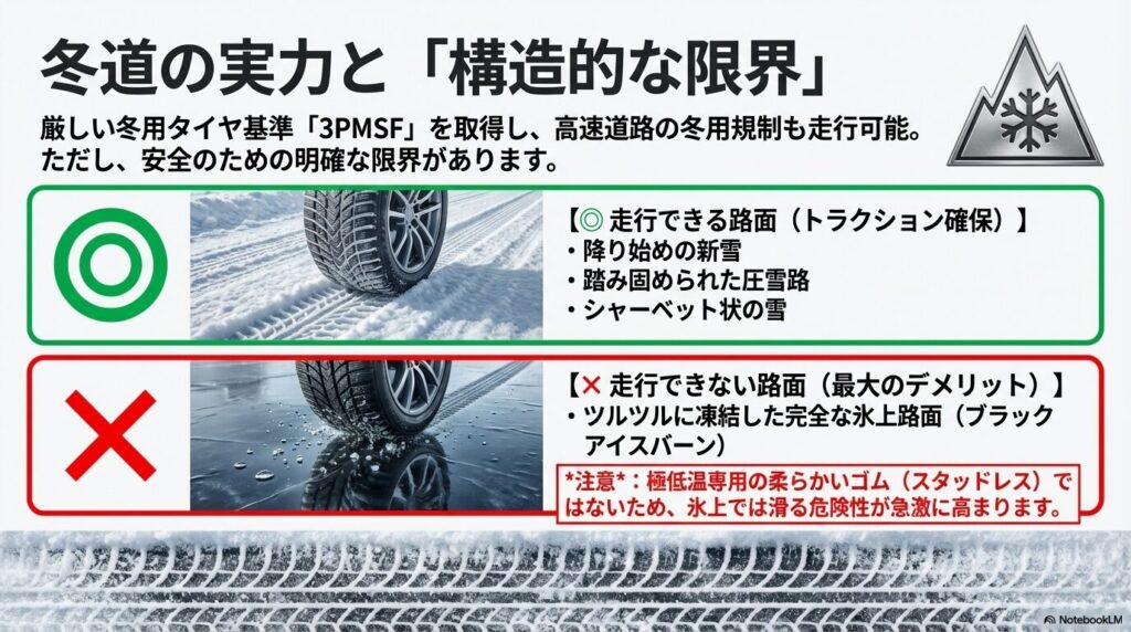 3PMSFマークを取得しつつも、完全な氷上路面(アイスバーン)では走行できないオールシーズンタイヤのデメリットと注意点