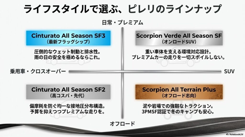 チントゥラートSF3、SF2、スコーピオンヴェルデなど、ライフスタイルに合わせたピレリ・オールシーズンタイヤの製品ラインナップ