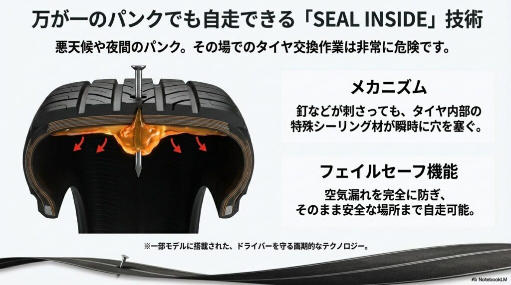 釘が刺さっても特殊シーリング材で穴を塞ぎ、安全な場所まで自走可能なピレリのフェイルセーフ機能「SEAL INSIDE」