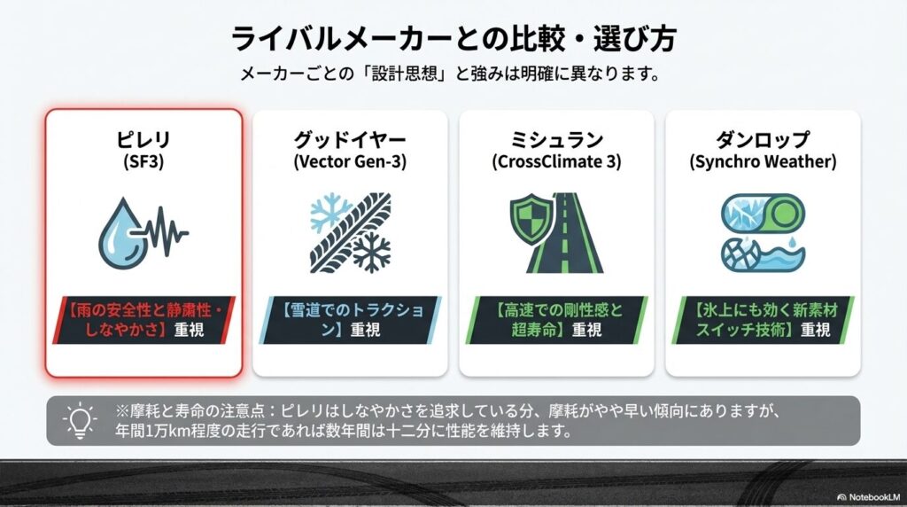 ピレリ、グッドイヤー、ミシュランのクロスクライメート3、ダンロップのシンクロウェザーの設計思想と強みの比較