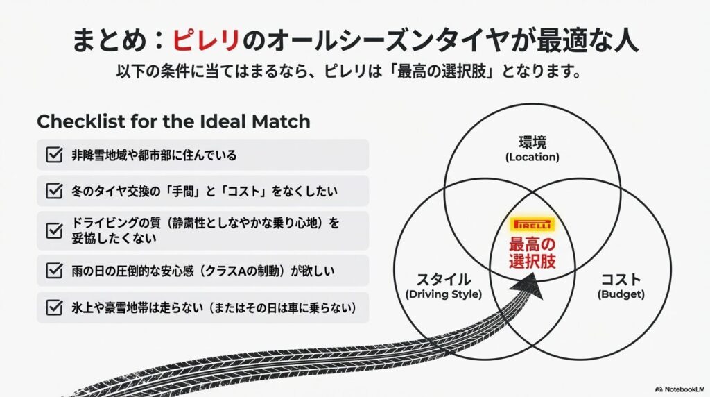 非降雪地域に住み、冬のタイヤ交換の手間を省きつつ、雨の日の安全性や静粛性を妥協したくない人に向けたピレリの適性チェックリスト
