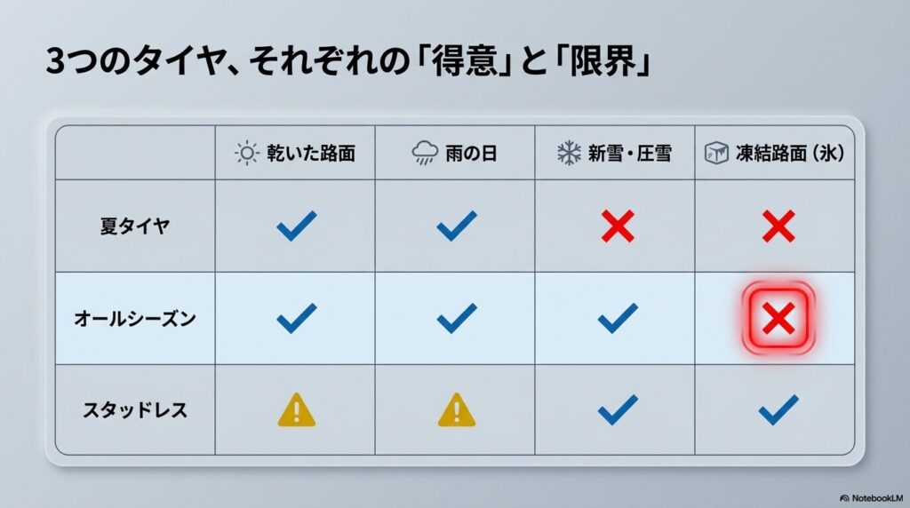 夏タイヤ、オールシーズンタイヤ、スタッドレスタイヤの乾いた路面、雨の日、新雪・圧雪、凍結路面における性能比較表 。