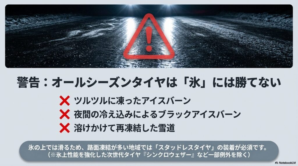 オールシーズンタイヤは氷に弱く、アイスバーンやブラックアイスバーンなどの凍結路面では滑るためスタッドレスタイヤが必要であることを示す警告文 。