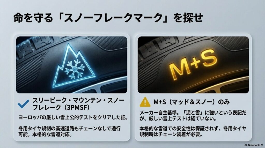 本格的な雪道対応や冬用タイヤ規制に対応していることを示すスノーフレークマーク(3PMSF)と、泥や雪への強さを示すM+Sマークの画像 。