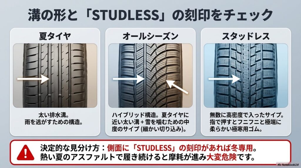 夏タイヤ、オールシーズンタイヤ、スタッドレスタイヤの溝(トレッドパターン)の太さやサイプ(細かい切り込み)の密度の違いを比較した写真 。