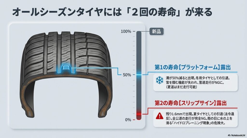 タイヤの溝が50%減ると露出する冬用タイヤの寿命「プラットフォーム」と、残り1.6mmで露出する夏タイヤの寿命「スリップサイン」を図解したインジケーター 。
