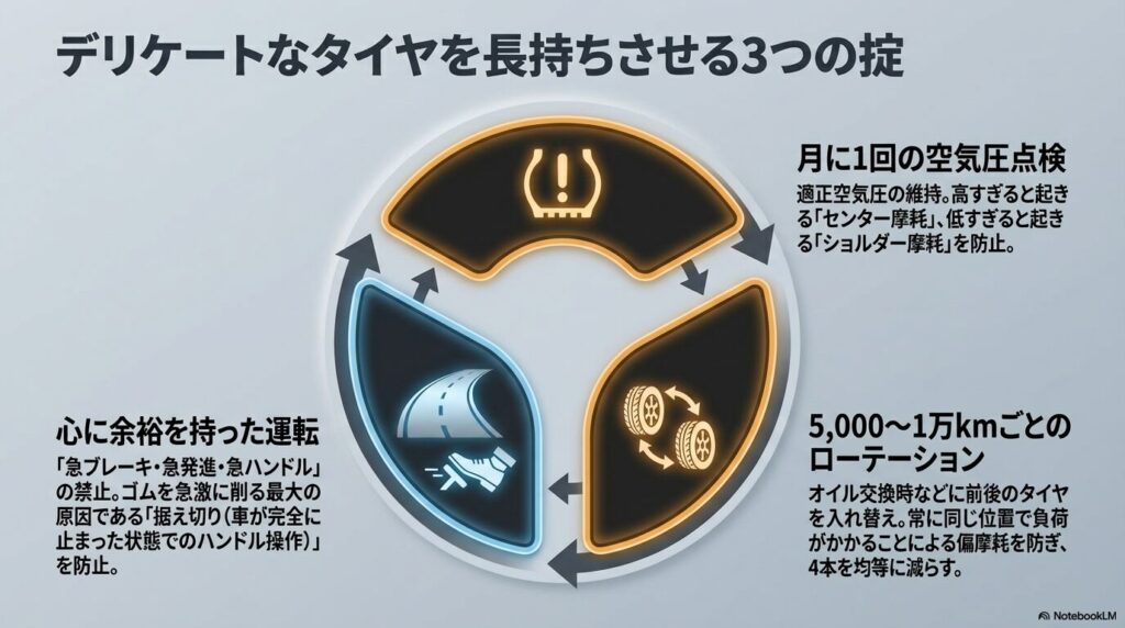 オールシーズンタイヤの寿命を延ばすための月に1回の空気圧点検、心に余裕を持った運転、定期的なローテーションという3つの掟 。